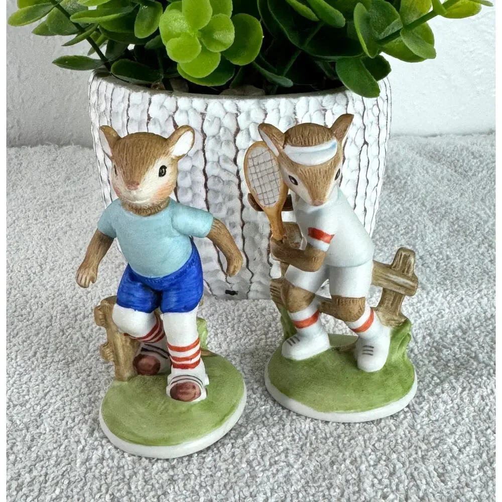 Vintage Lefton Handpainted Anthropomorphic Mice Rollerskating & Tennis Figurines